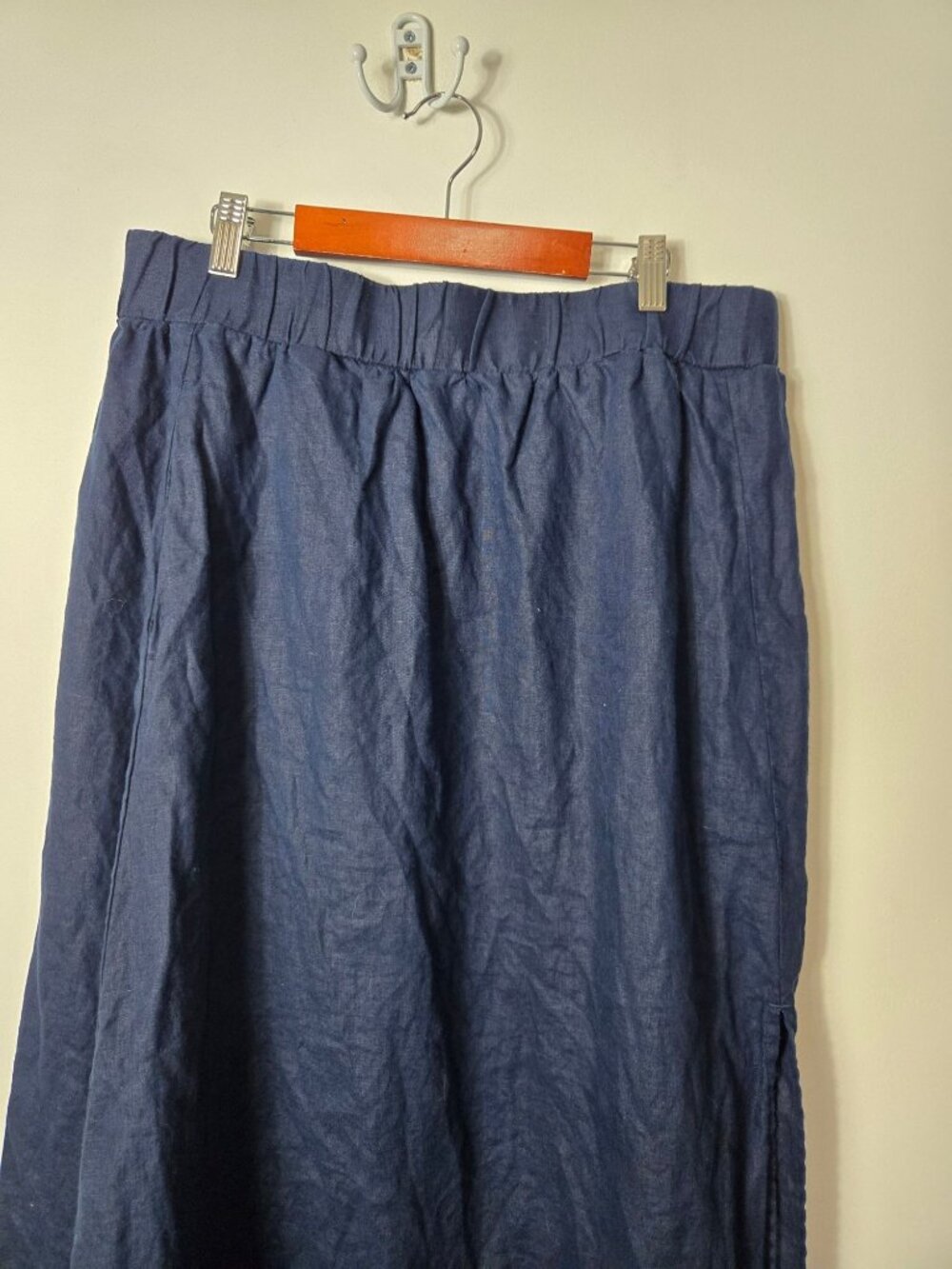 Quince Size L 100% Eauropean Linen Maxi Skirt Navy Side Slit Pull-On - Picture 4 of 10
